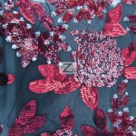 2 Tone Floral Bloom Sequins Mesh Fabric Red Burgundy