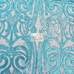 Angel Damask Sequins Sheer Lace Fabric Turquoise